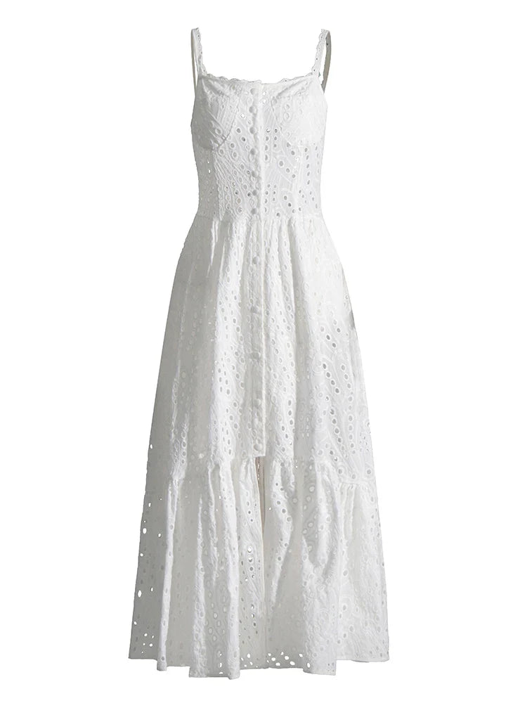jinran Slim Hollow Out Dresses For Women Square Collar Sleeveless High Waist Split Dress Female Fashion Style Clothing New