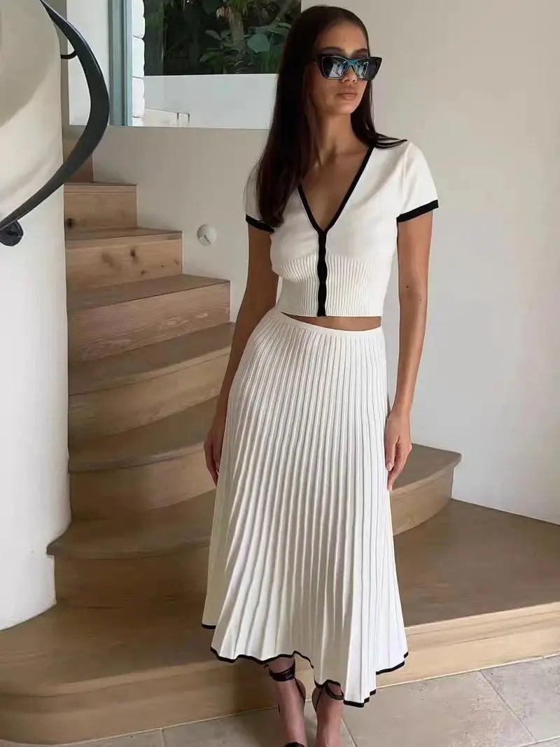jinran New Summer Knit Patchwork 2 Pieces Sets Women Crop Top Long A-line Skirts Matching Suit Knitwear Slim Fit Pleated Skirt Outfits
