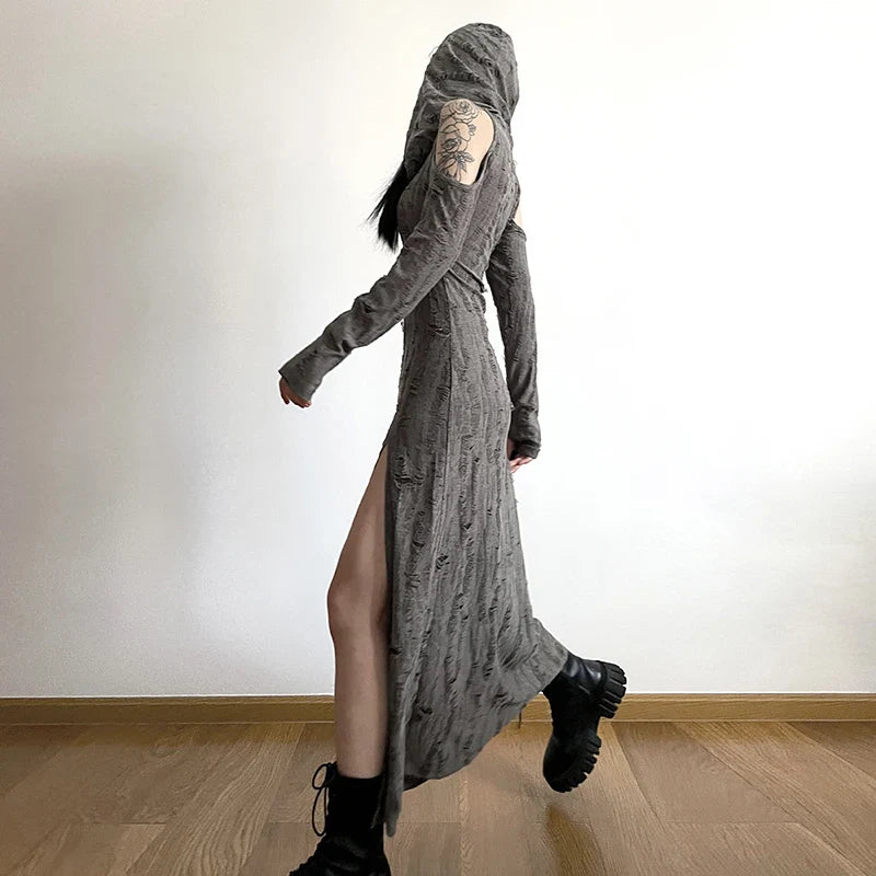 jinran Waste Soil Style Distressed Hooded Dress Elegant Slim Slimming and Shoulder Hollow Design for Women Spring Summer