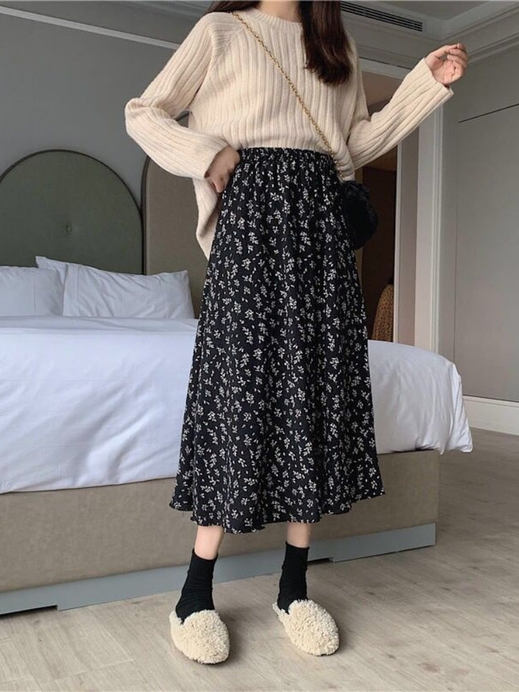 jinran - Vintage Floral Skirt Women High Waist A-line Mid-Calf Casual Skirt Korean Fashion Loose 2024 Spring Summer Female Outfit