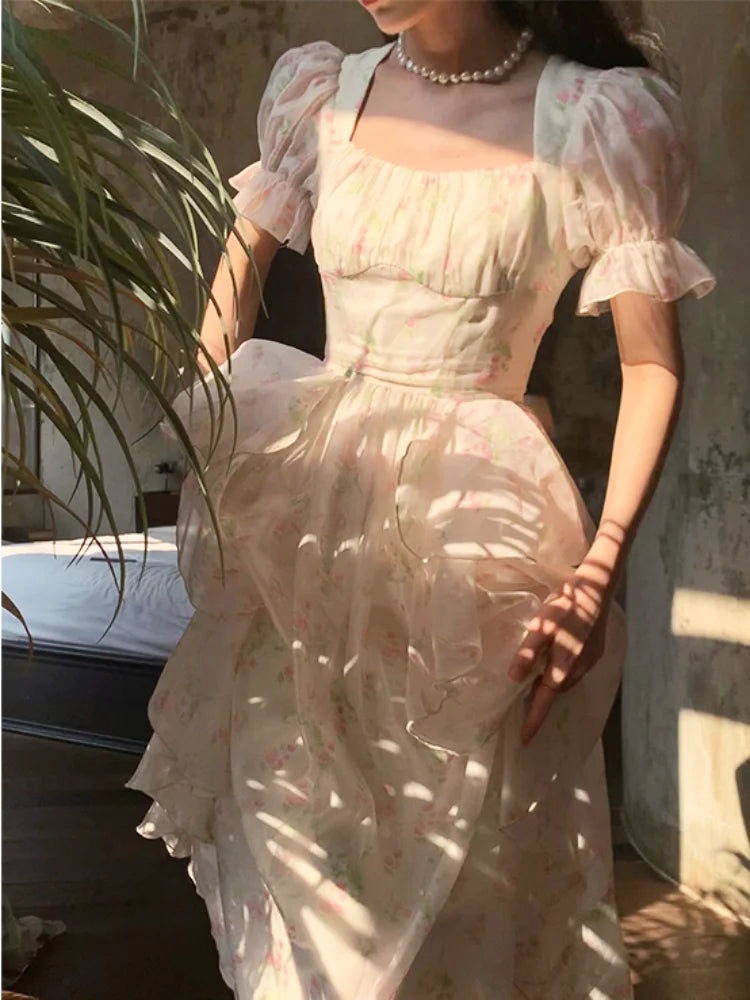 jinran Casual Floral Midi Dresses Women Elegant Short Sleeve Vintage Party Dress Summer One Piece Dress Korean Female Ruffles Chic 2024