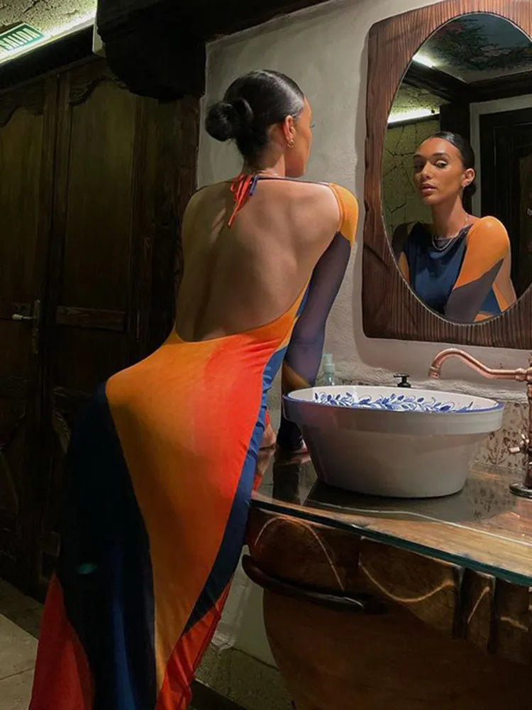 jinran - Sexy Backless Maxi Dress Fashion Print Long Sleeve Bodycon Party Dress Beach Outfits New Summer Evening Club Dress