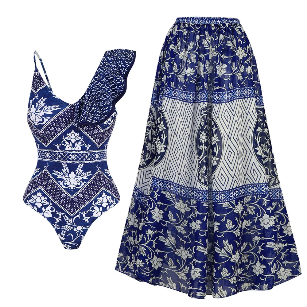 jinran 2024 One Piece Swimsuit Women Swimwear with Beach Skirt V Neck Bathing Suit Flower Beachwear Monokini Swim Summer