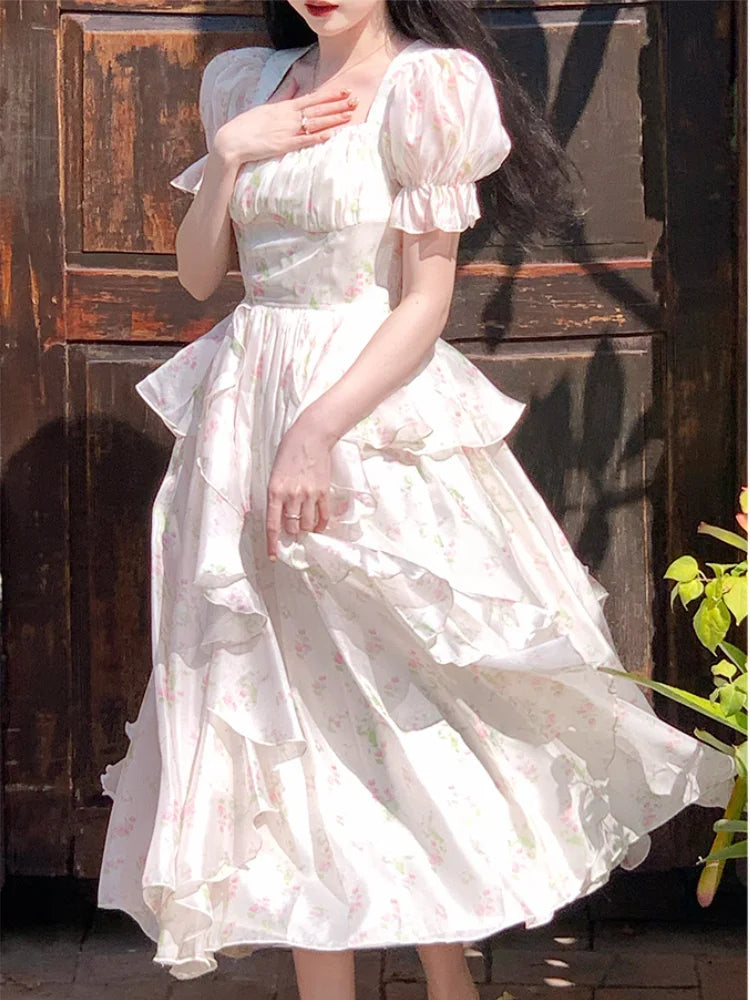 jinran Casual Floral Midi Dresses Women Elegant Short Sleeve Vintage Party Dress Summer One Piece Dress Korean Female Ruffles Chic 2024