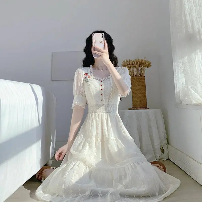 jinran Vintage Lace Fairy Midi Dress Women 2024 Summer French Floral Elegant Party Princess Dress Ladies Party One-piece Dress Korean