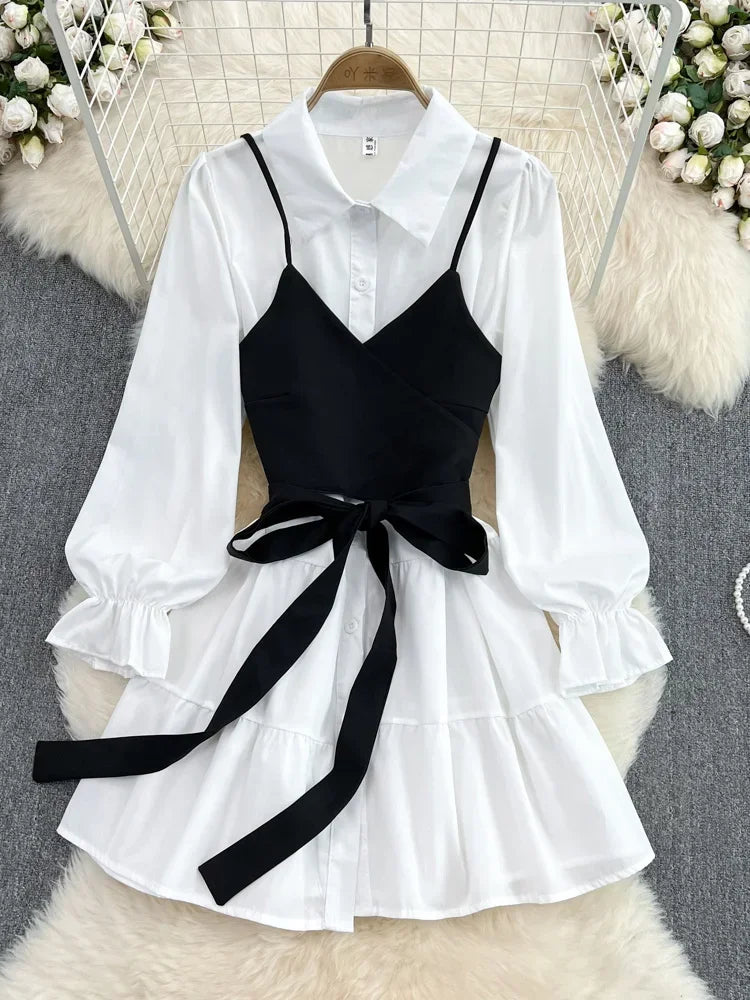 jinran Spring Autumn New Fashion Casual Suit Female Korean Loose White Shirt Dress Slim Vest Dress Two-piece Set GD786