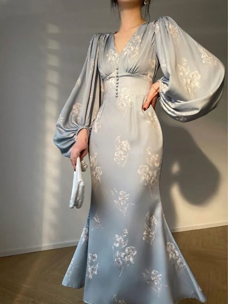jinran Elegant Bodycon Printing Mermaid Dresses for Women Summer New Slim V-neck Long Sleeve Runway Party Robe 2024 Female Vestidos