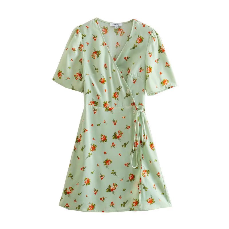 jinran waist Elegant Ladies Dress French Style Robe Summer Women green Floral Print Wrap mini Dress Short Sleeve