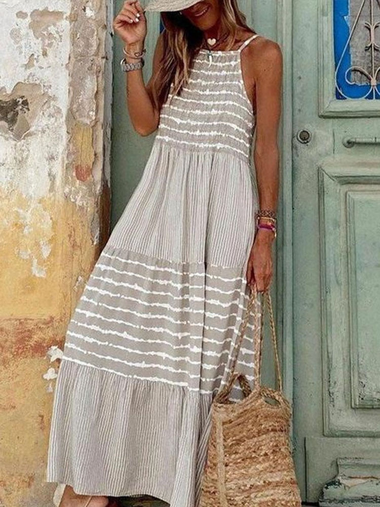 jinran Women's Fashion Retro Loose Print Sling Dress Summer Bohemia Style Beach Seaside Maxi Dress Elegant Chic New Pattern Long Dress