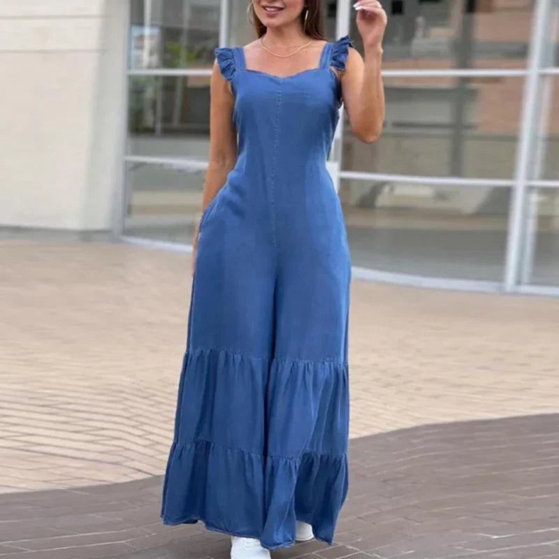 jinran Women Solid Imitation Denim Jumpsuits Spring V Neck High Waist Straight Playsuits Summer Backless Wide Leg Pleated Pants Rompers