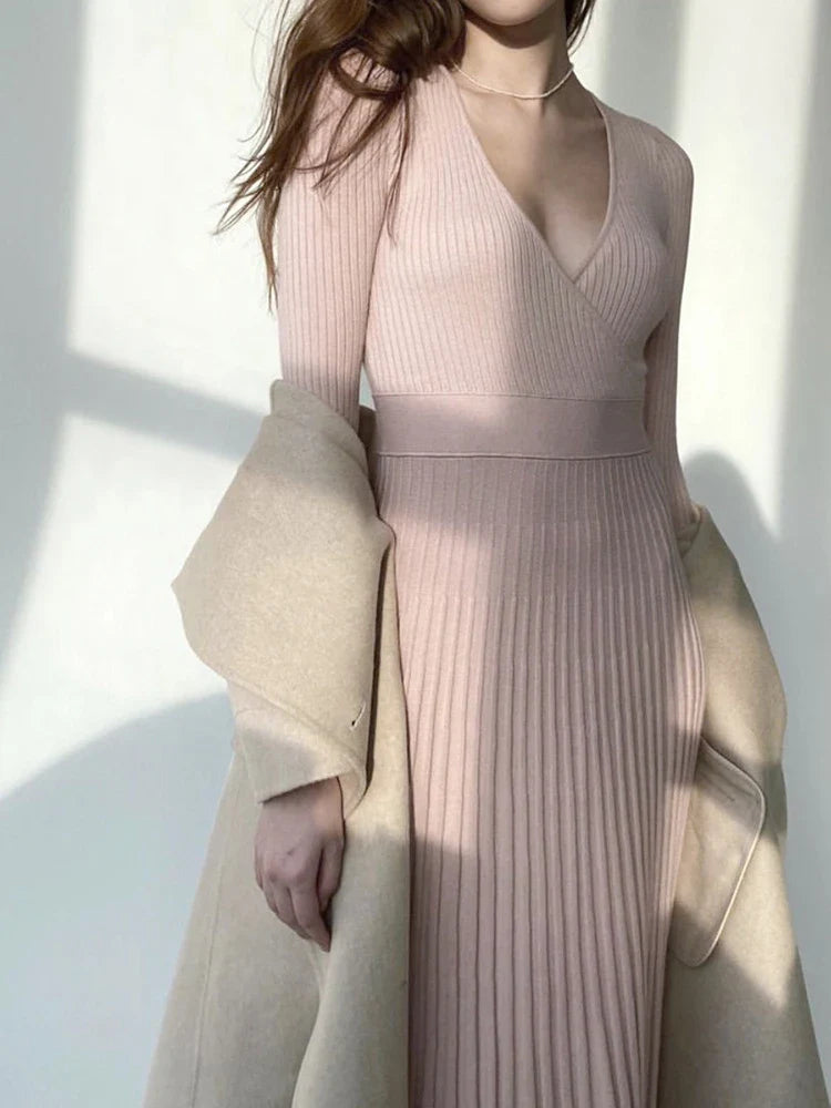 jinran Women Ribbed V-neck Fold Knitted Max Dress Ladies Skinny Sexy A-line Dresses Two Color Patchwork Elegant Chic Vestidos