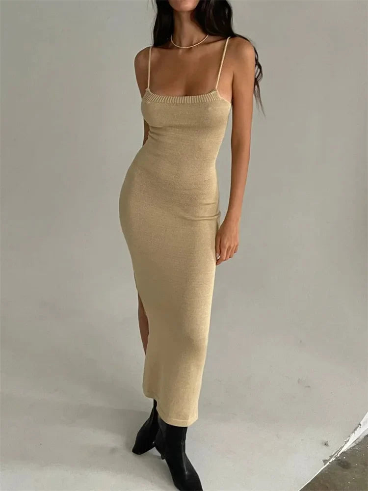 jinran Elegant Bandage Sexy Backless Knit Dresses for Women Summer Outfits Party Club Spaghetti Strap Maxi Dresses Slit Sexy Dress