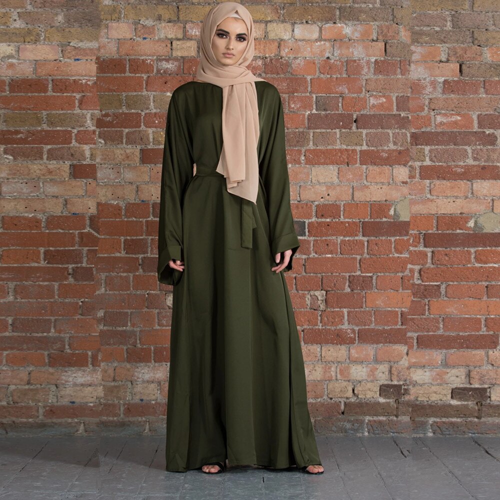 jinran Summer Elegant Solid Color Colorful Temperament Long Skirt Ladies Open Shouder Robe Satin Large Size Belt Muslim Woman Abaya
