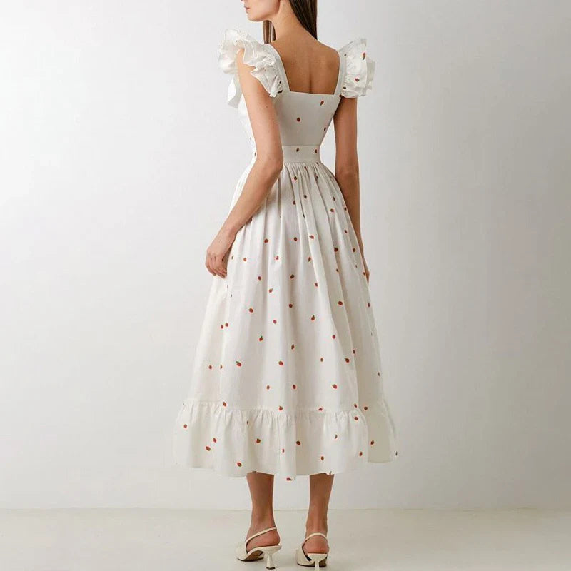 jinran Women Sexy Square Collar Hem Boho Long Dress Spring Print Button A-Line Party Dress Summer Puff Sleeve Ruffle Holiday Maxi Dress