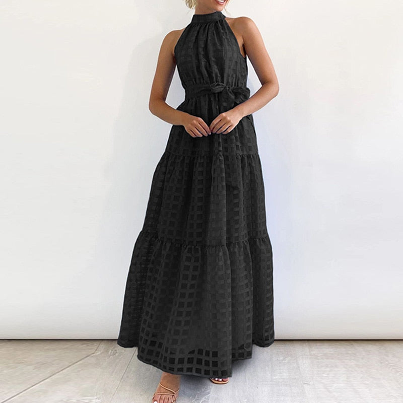 jinran Women Elegant Loose Pleated Long Party Dress Ladies Summer Sexy Sleevelss Dress Fashion High Street Cascading Ruffle Maxi Dress
