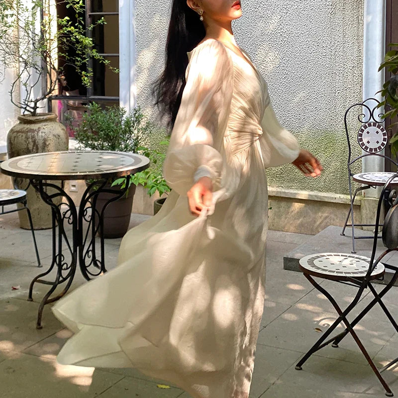 jinran Vintage Korean V-neck Pleated Maxi Dresses for Women Ladies Party Fringed Lace Puff Sleeve Ruffled Lady Dreses Elegant Summer