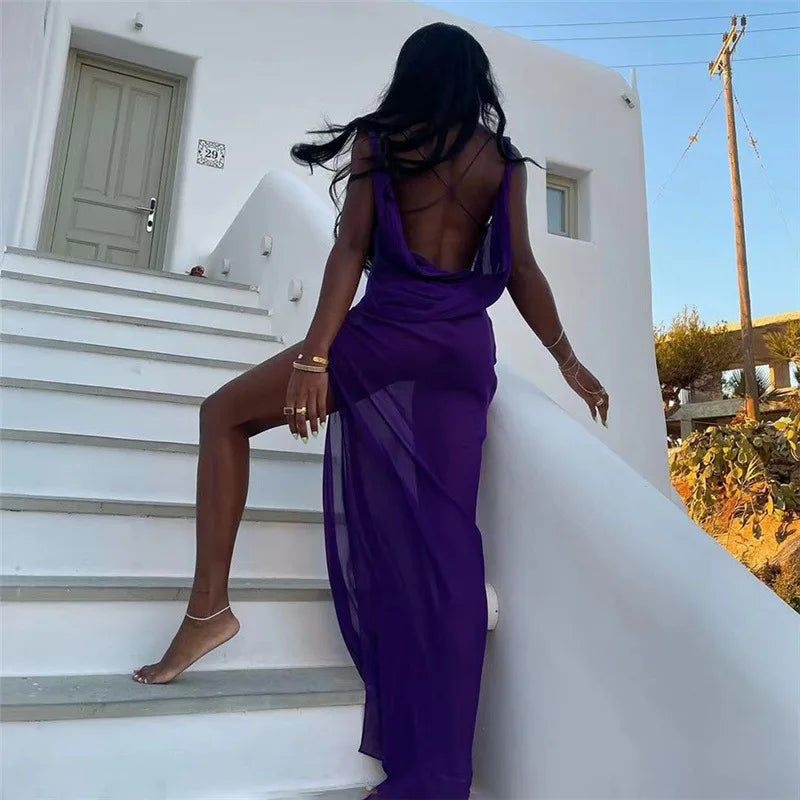 jinran Summer Holiday Beachwear Mesh See Through Maxi Dress Outfits for Women Sexy Backless Sleeveless Slit Long Dresses Summer Dress