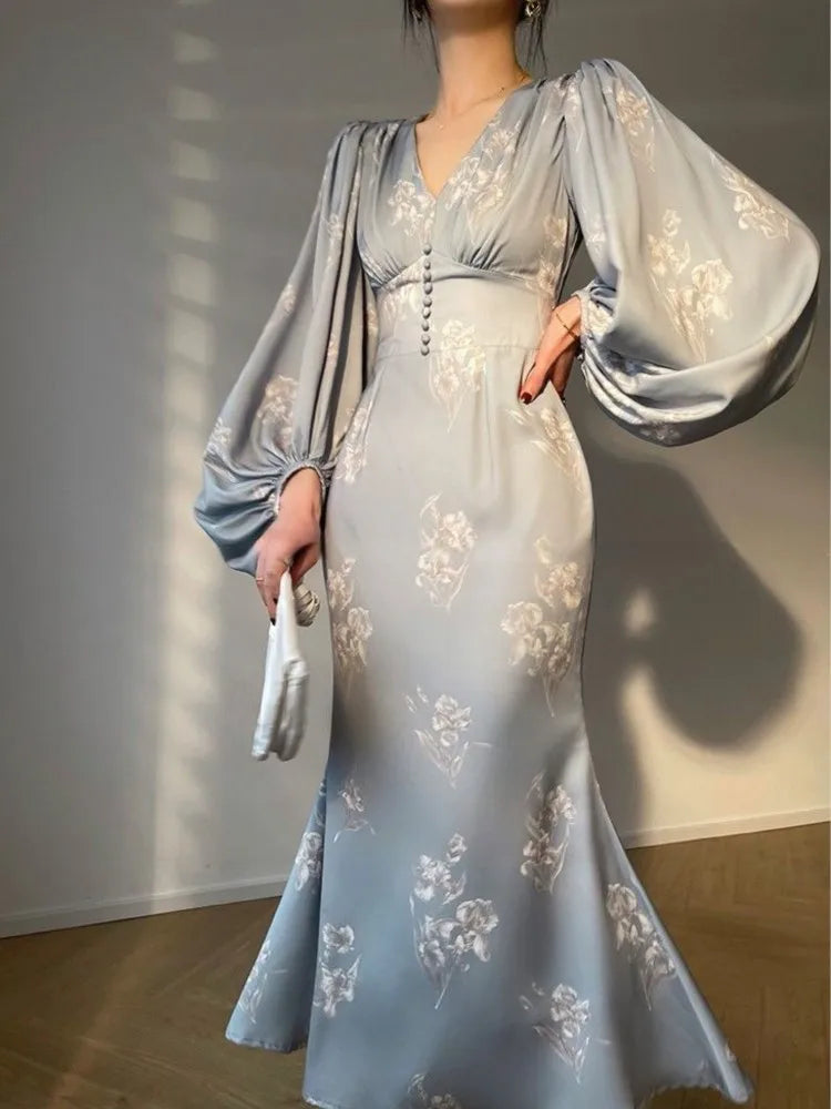 jinran Elegant Bodycon Printing Mermaid Dresses for Women Summer New Slim V-neck Long Sleeve Runway Party Robe 2024 Female Vestidos