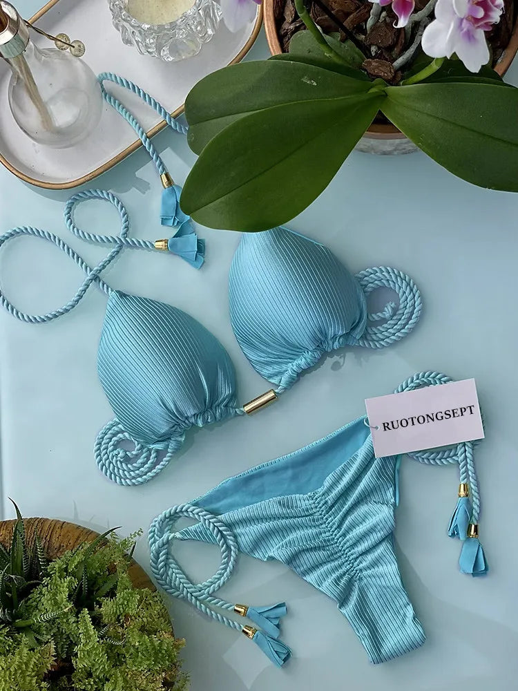 jinran Swimwear Thong Bikini Set 2024 New Blue Swimsuits Woman Sexy Bathing Suits Bikinis Triangle Bandage Female Beachwear Bikini
