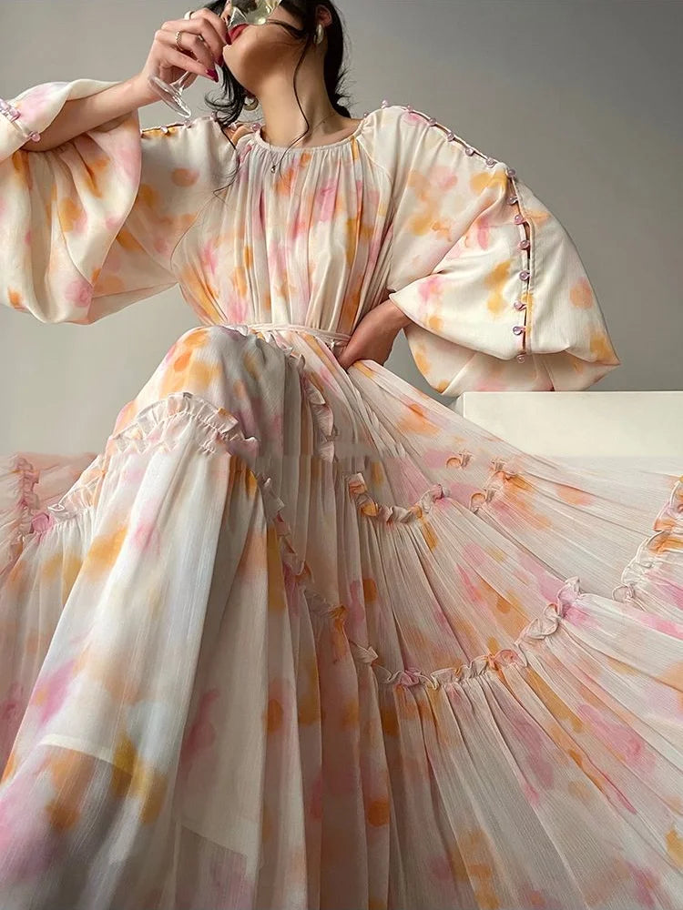 jinran Elegant Print Midi Dresses For Women 2023 Spring Summer New French Fashion Sweet Vintage Female Clothes Loose Maxi Y2k Dress
