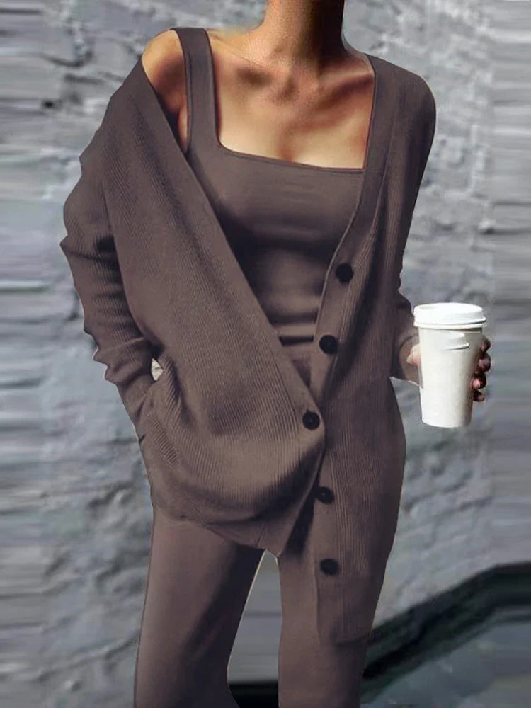jinran Women Solid Knitted 3 Pices Set Cardigan Tops Tank Top And Casual Loose Long Pants Chic Suit Tracksuit 2024 Fall Winter