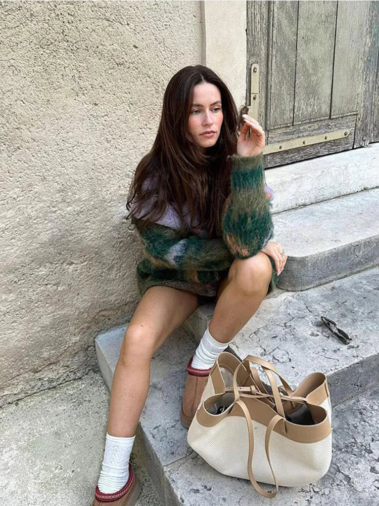 nvxiot - Autumn New Mohair Print Knit Cardigan Coat Oversize Single Breasted Long Sleeve Sweater Tops 2024 Office Lady Commute Streetwear