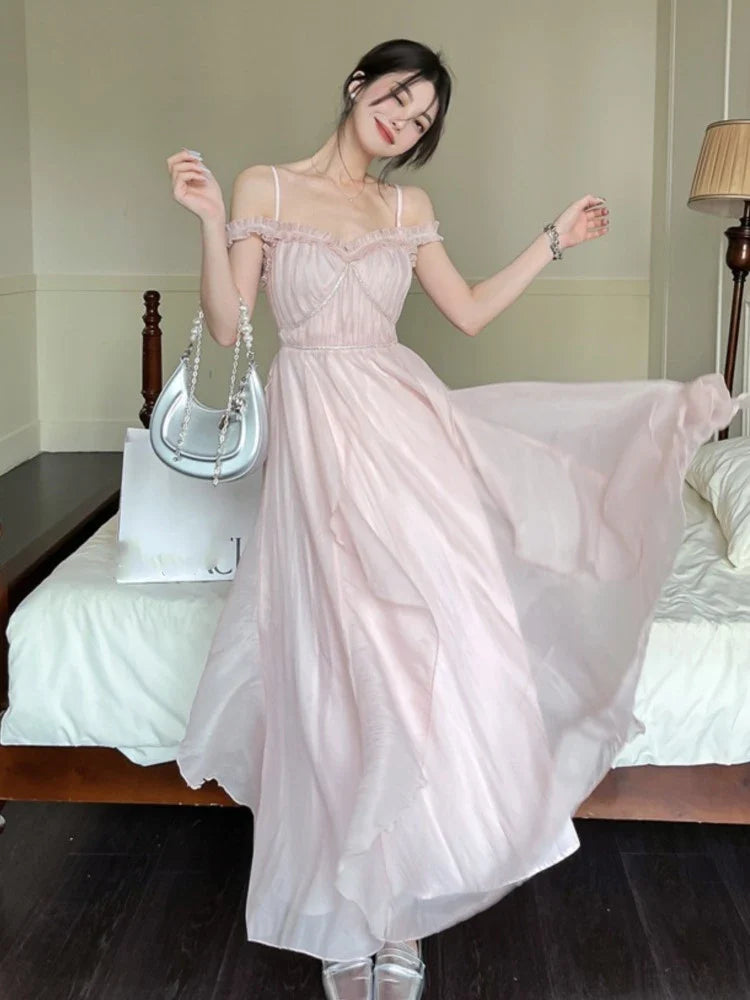 jinran Summer Women Sweet Pink Fairy Chiffon Midi Dress Korean Elegant One-piece A-Line Vestidos Female Clothing Mujers