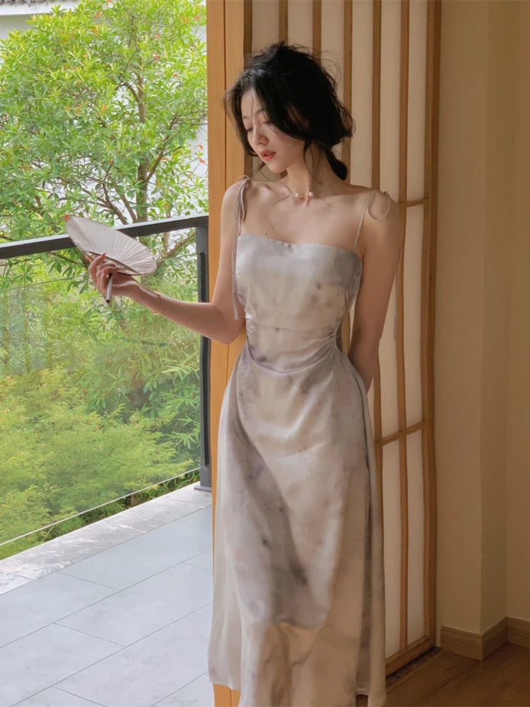 jinran Sexy Satin Midi Dress Women Spaghetti Strap Backless Summer Holiday Slim Vintage Wedding Prom Robe One Piece Vestidos Mujer New