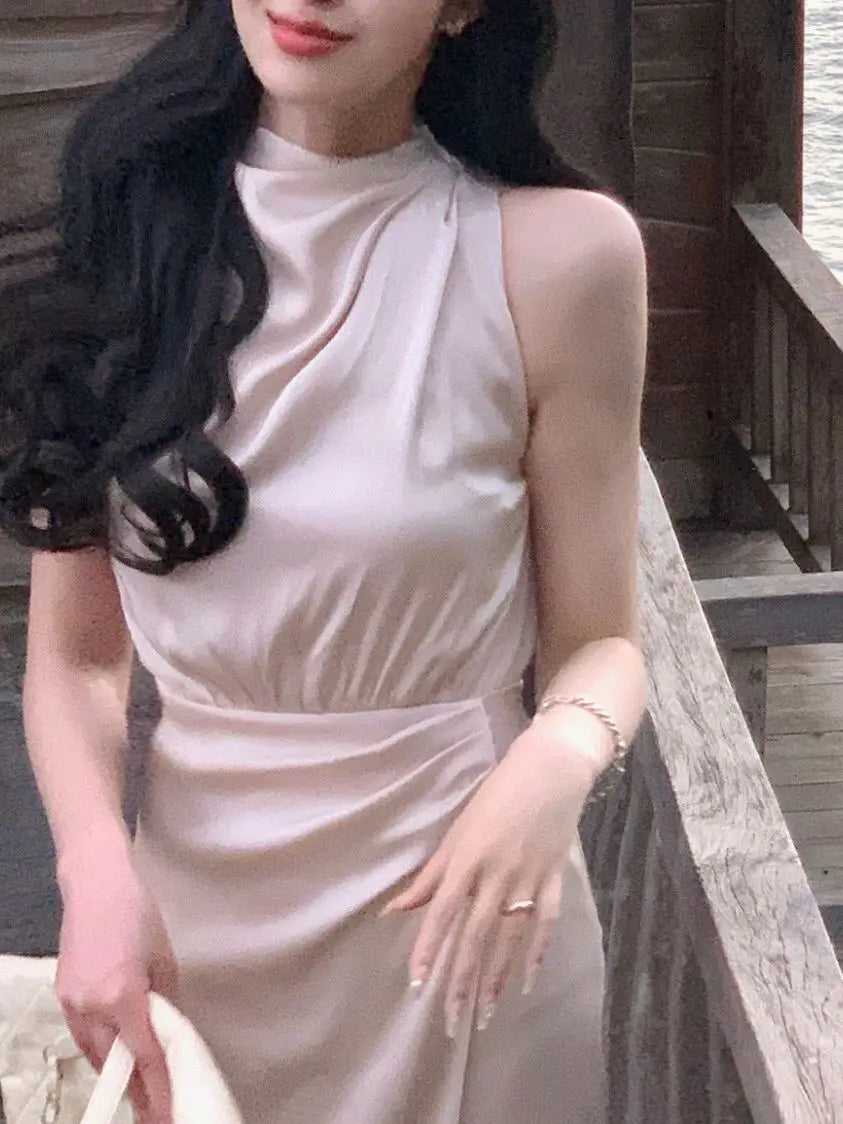 jinran Women Summer Halter Satin Midi Party Dress Sleeveless Bodycon Slim Casual Solid Birthday Vestidos Female One Pieces Fashion Robe