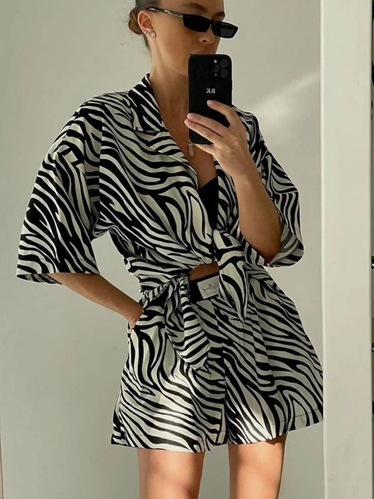 jinran Women Two Piece Sets Outfits Zebra Printed Loose Shirt Tops And High Waist Shorts Set 2024 Casual Streetwear Summer New