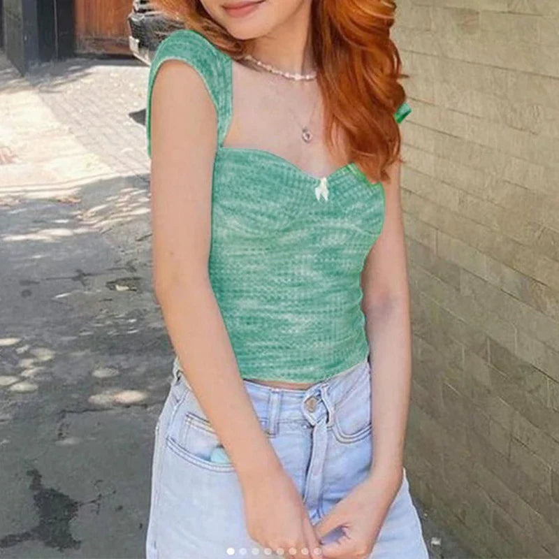 jinran Summer T-shirt Women Corset Tees New Short Sleeve Green Bodycon Sexy Crop Top Streetwear Casual Fashion Hollow Out Cropped Tops