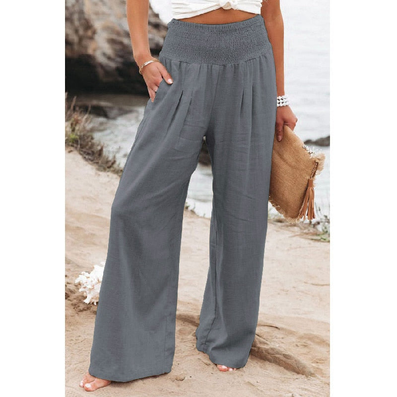 jinran Spring Summer Cotton Linen Women Pants Pockets Solid Casual White Wide Leg Office Lady White Long Trousers Khaki