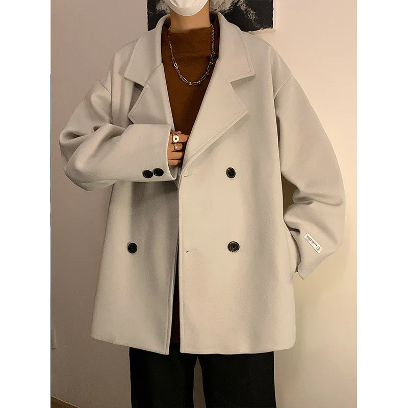 men Black Streetwear Winter Jacket Overcoat Classic Korean Fashion Trench Coat Oversized Windbreaker Wool Blends Coat