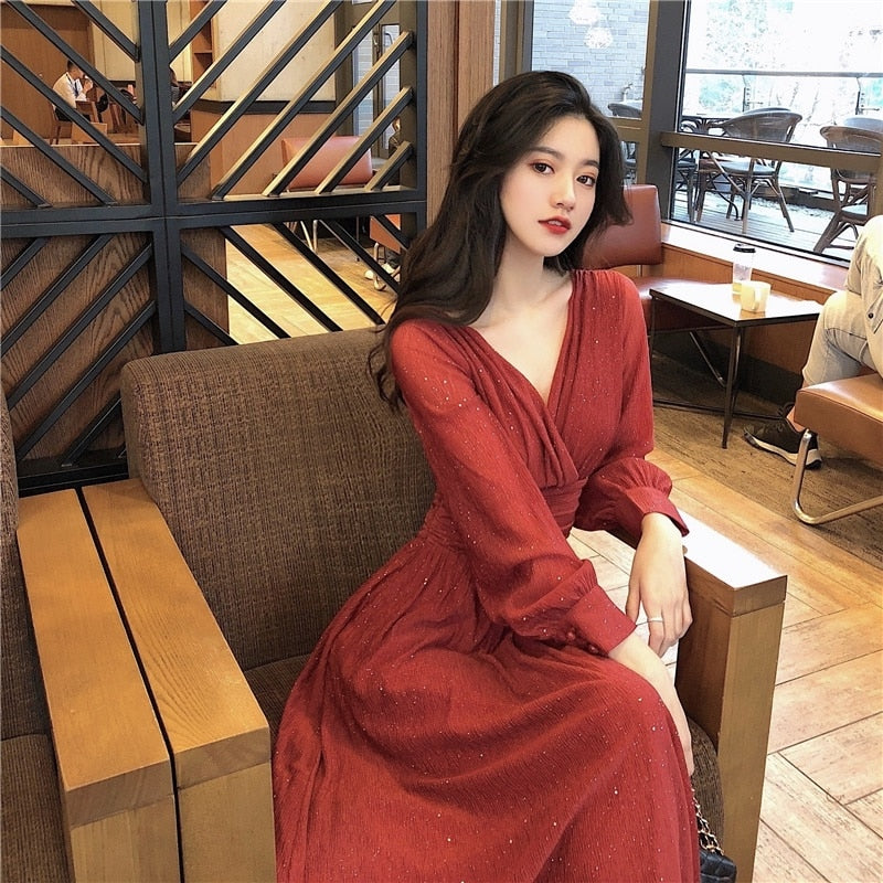 jinran Vintage Sexy Maxi Dresses for Women Party Sequin Midi Dress Female Casual Chiffon Slim Korean Woman Dress Elegant Autumn