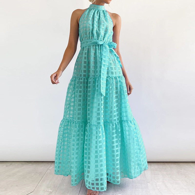 jinran Women Elegant Loose Pleated Long Party Dress Ladies Summer Sexy Sleevelss Dress Fashion High Street Cascading Ruffle Maxi Dress