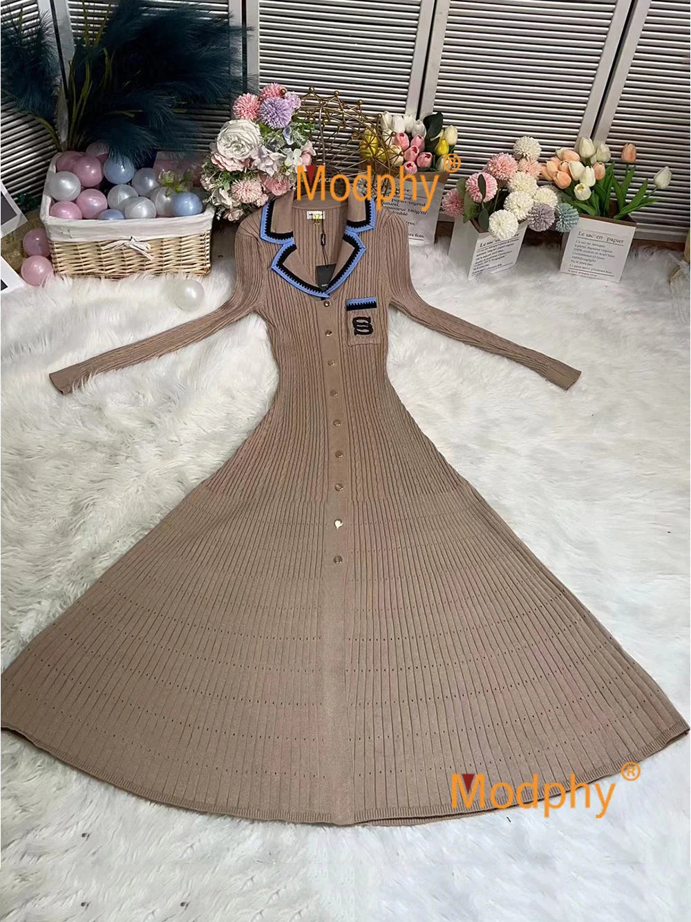 jinran 2024 Elegant Slim Knitted Long Dress Women's Letter Single Breasted Long Sleeved Designer Vintage Dresses Autumn