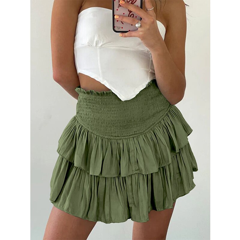 jinran Women Summer White Ruffle Tiered Mini Skirt Beach Cute Fashion Elastic Waist Rose Red Faldas Mujer Black Bottom