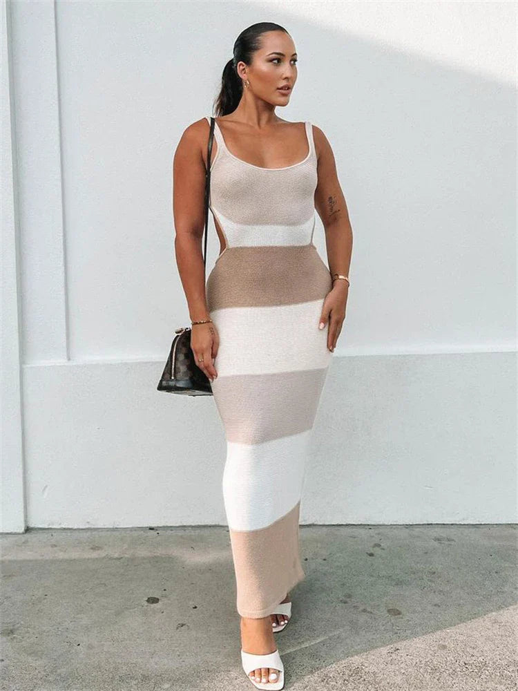 jinran Women Stripe Knitted Backless Sexy Bodycon Dress Bandage Contrast Color Spaghetti Strap Long Dresses Party Beach Summer