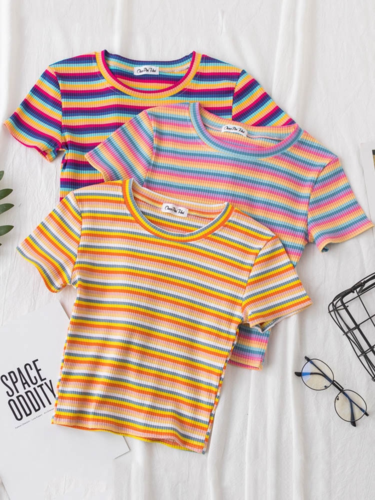jinran New T Shirt Women Rainbow Striped Tops Slim Fit t shirt Harajuku Tshirt Summer Short Sleeve Korean T-shirt feminina Clothes Tops