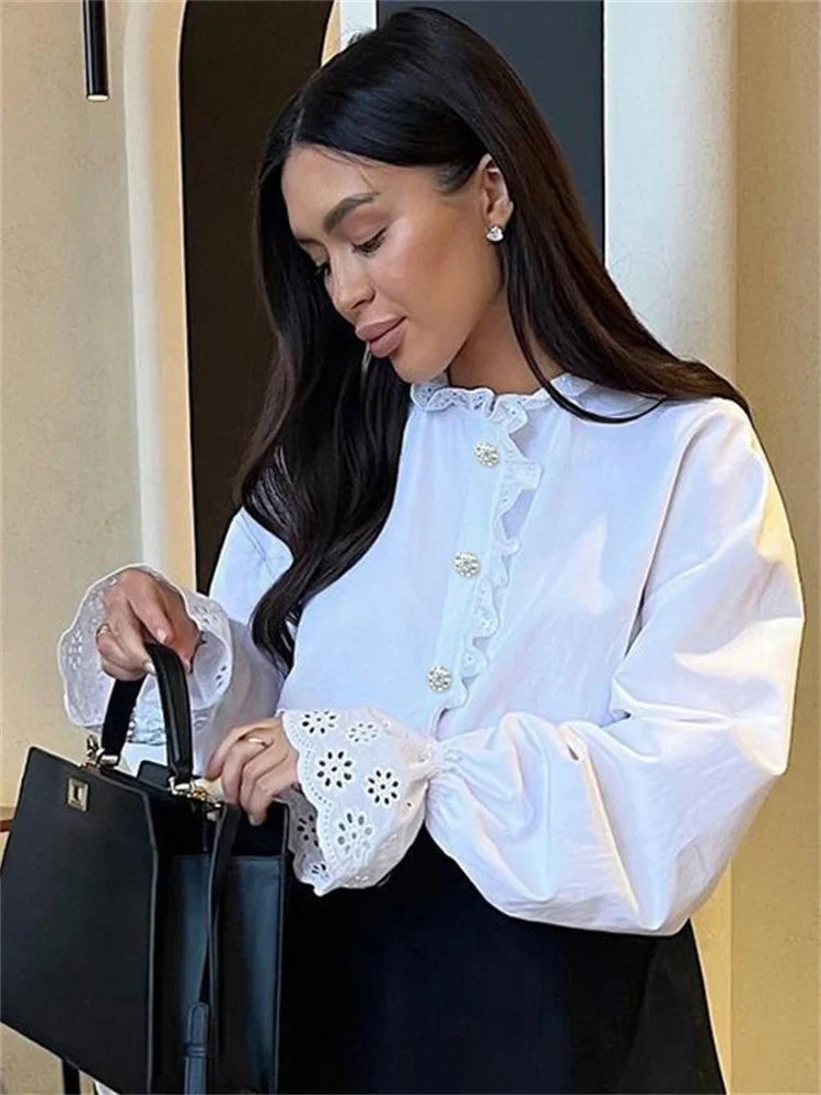 nvxiot - Female Glitter Ruffled Shirts Top Inner Patchwork Long Sleeve Casual Commute Clothes Hollow Out Elegant Women's Blouses
