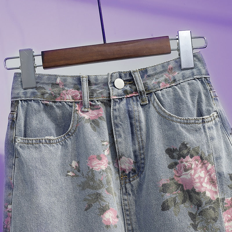 jinran Spring And Summer Trendy Flower Split Denim Skirt Women's 5XL Slightly Fat MM Thin Bag Hip Mid-length A-line Skirt