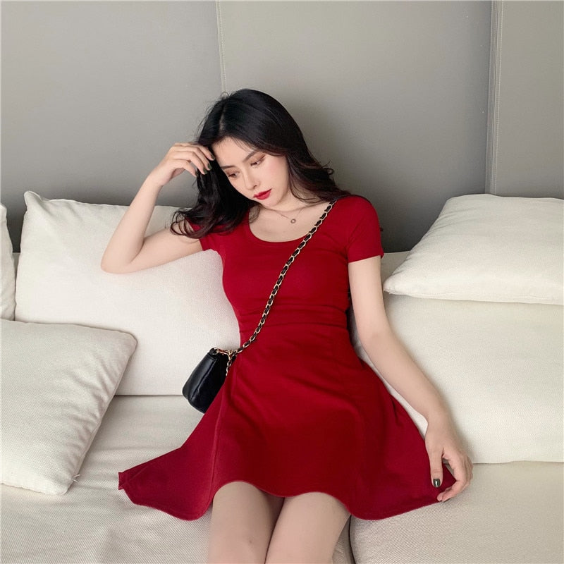 jinran Women Summer Dress O Neck Short Sleeve Solid Korean Thin Slim A Line Dress Slim Retro Red Black Pink Short Mini Dress Vestidos