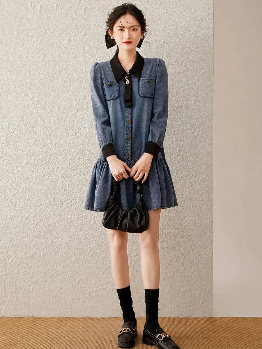 jinran Women Dress 2024 Summer Fashionable Washed Denim Dress Detachable Bow Tie Long Sleeve Polo Neck Short Dress for Women