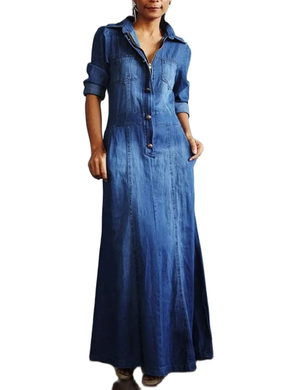 jinran Dress for Women 2024 Spring Korean Fashion Vintage Denim Dress A-line Long Sleeve Button Zipper Pocket Maxi Dress Lady Clothing