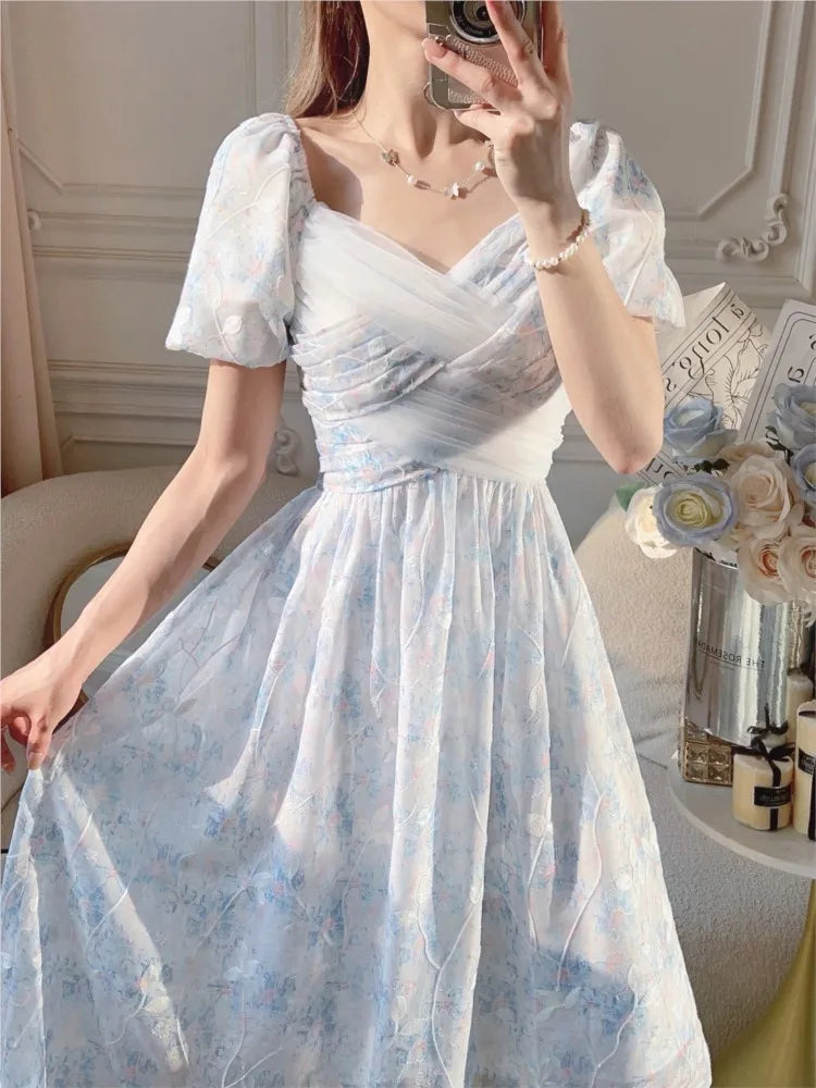 jinran Summer Puff Sleeve Women Dress For Party French Eleganrt Floral Print Vestidos Lady Dresses Sweet Birthday Female Robe A-line