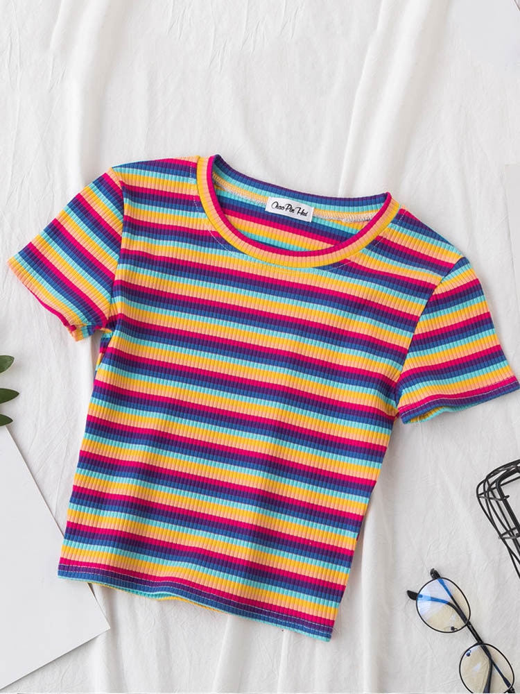 jinran New T Shirt Women Rainbow Striped Tops Slim Fit t shirt Harajuku Tshirt Summer Short Sleeve Korean T-shirt feminina Clothes Tops