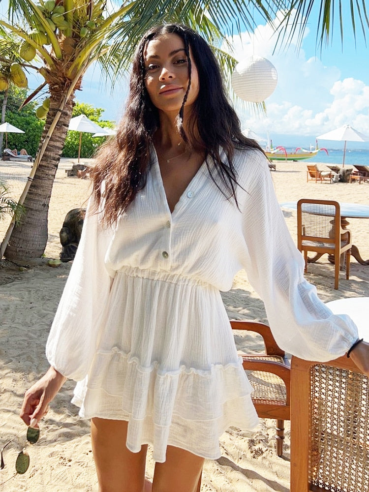jinran Lantern Sleeve Women Fall Outfit White Dress Women Summer Ruffles Spring Short Elegant Casual Beach Vestidos