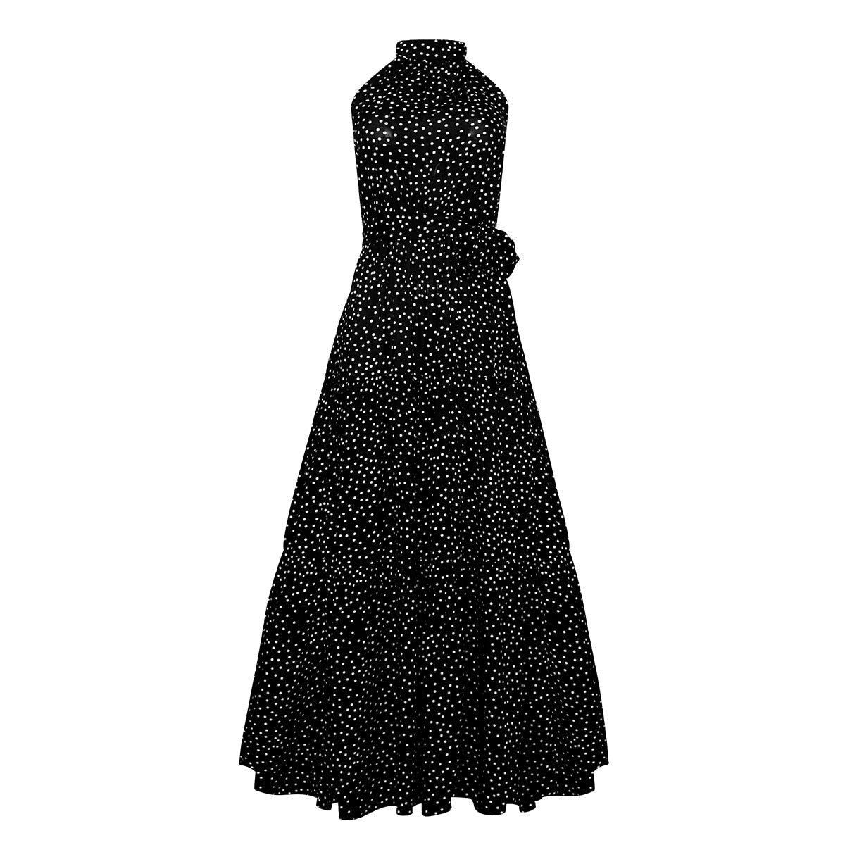 jinran Polka Dots Vintage Women Summer Halter Maxi Boho Dress Sleevless Navy Blue Floral Print Long Sash Beige A-line Beach Casual Robe