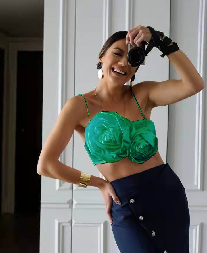 jinran Tee Women Girls Crop Top 3D Floral Female Chic Casual Spaghetti Strap Y2K Tank Tops Summer Elegant Sexy Satin Cami Ins