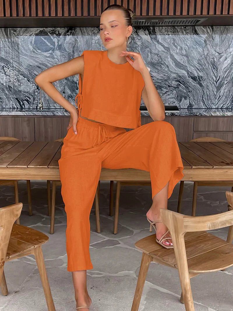 jinran Spring Summer 2024 Women Holiday Linen Pant Set Crop Tops Solid Outfits 2 Two Piece Matching Set For Women